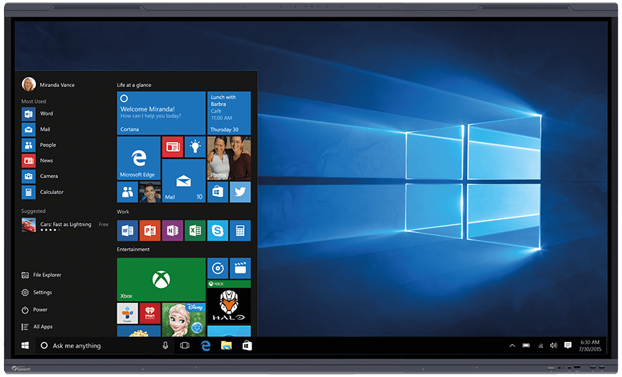 L'environnement Windows 10 sur l'écran interactif SuperGlass 3 de Speechi